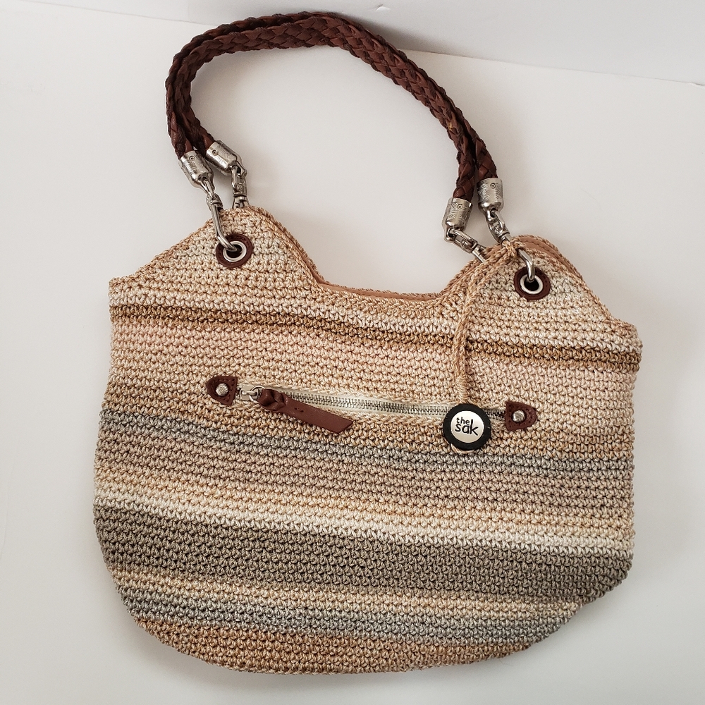 The Sak Tan and Brown Crocheted Shoulder Bag with Leather Accents